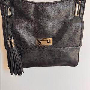 Rachel Roy Buttery Soft Black Leather Shoulder Bag with fringe detail.